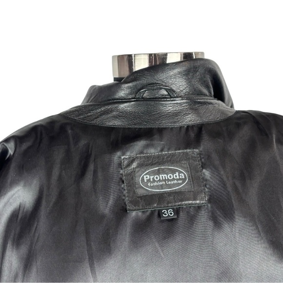 VINTAGE PROMODA GENUINE LEATHER BLACK CLASSIC ASYMMETRIC ZIP FRONT BELTED JACKET - Picture 16 of 16
